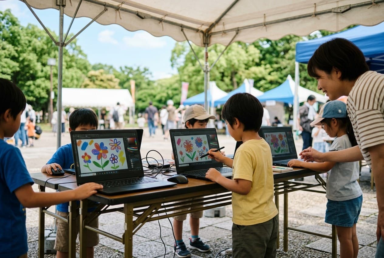 屋外イベントのテントで、ノートパソコンを使って花のデザインをつくる子どもたち