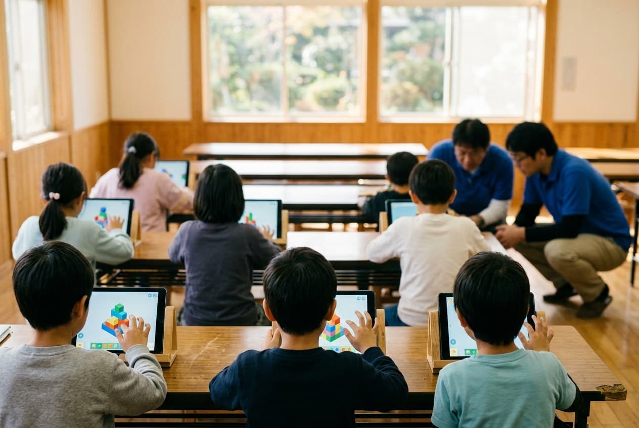 教室で子どもたちがタブレットを使い、講師のサポートを受けながらプログラミングに取り組む様子