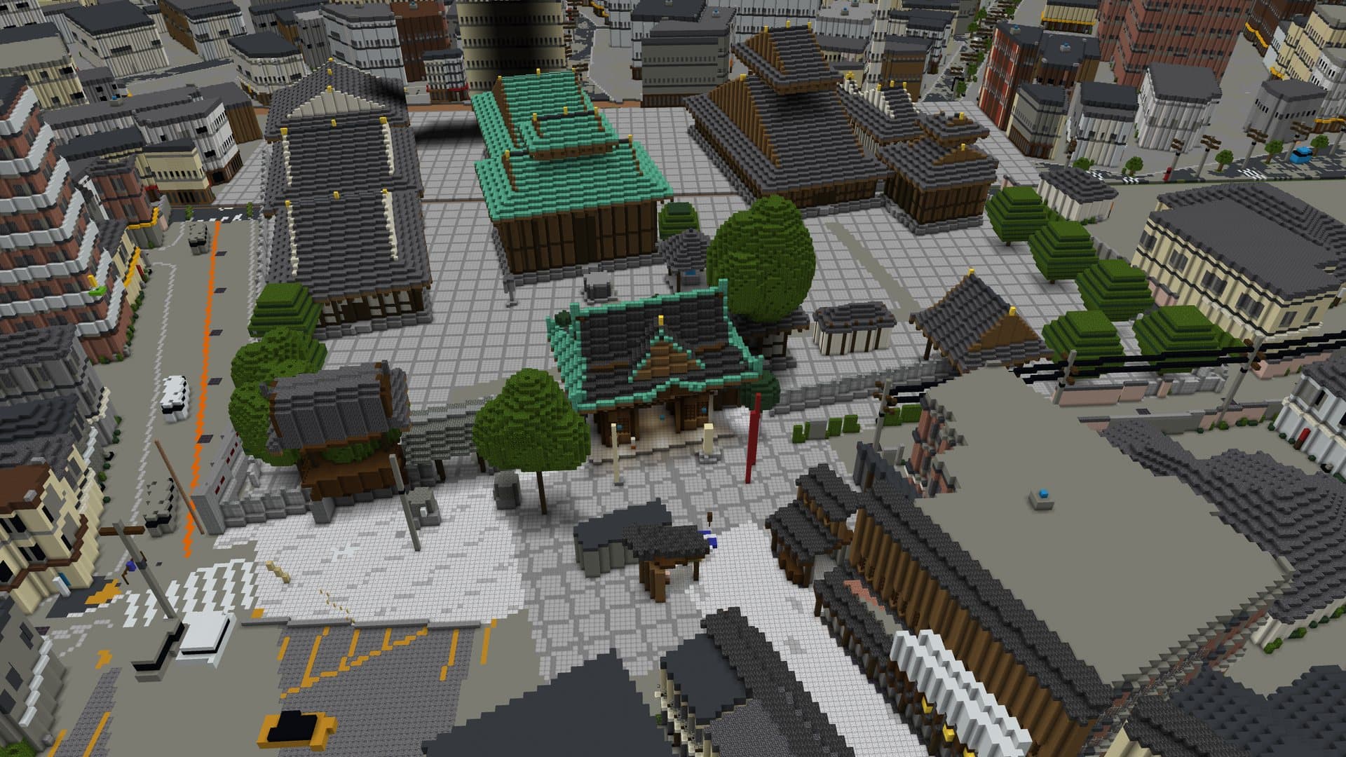 マインクラフトで再現した東京・柴又の帝釈天と周りの町並みを、上空から見た画面