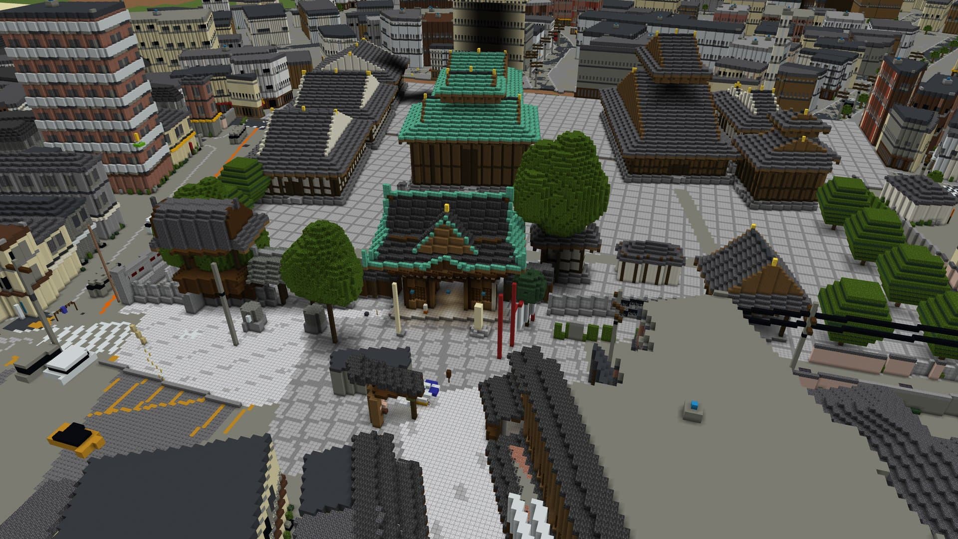 マインクラフトで再現した柴又帝釈天の二天門と周りの町並みを、斜め上から見た画面