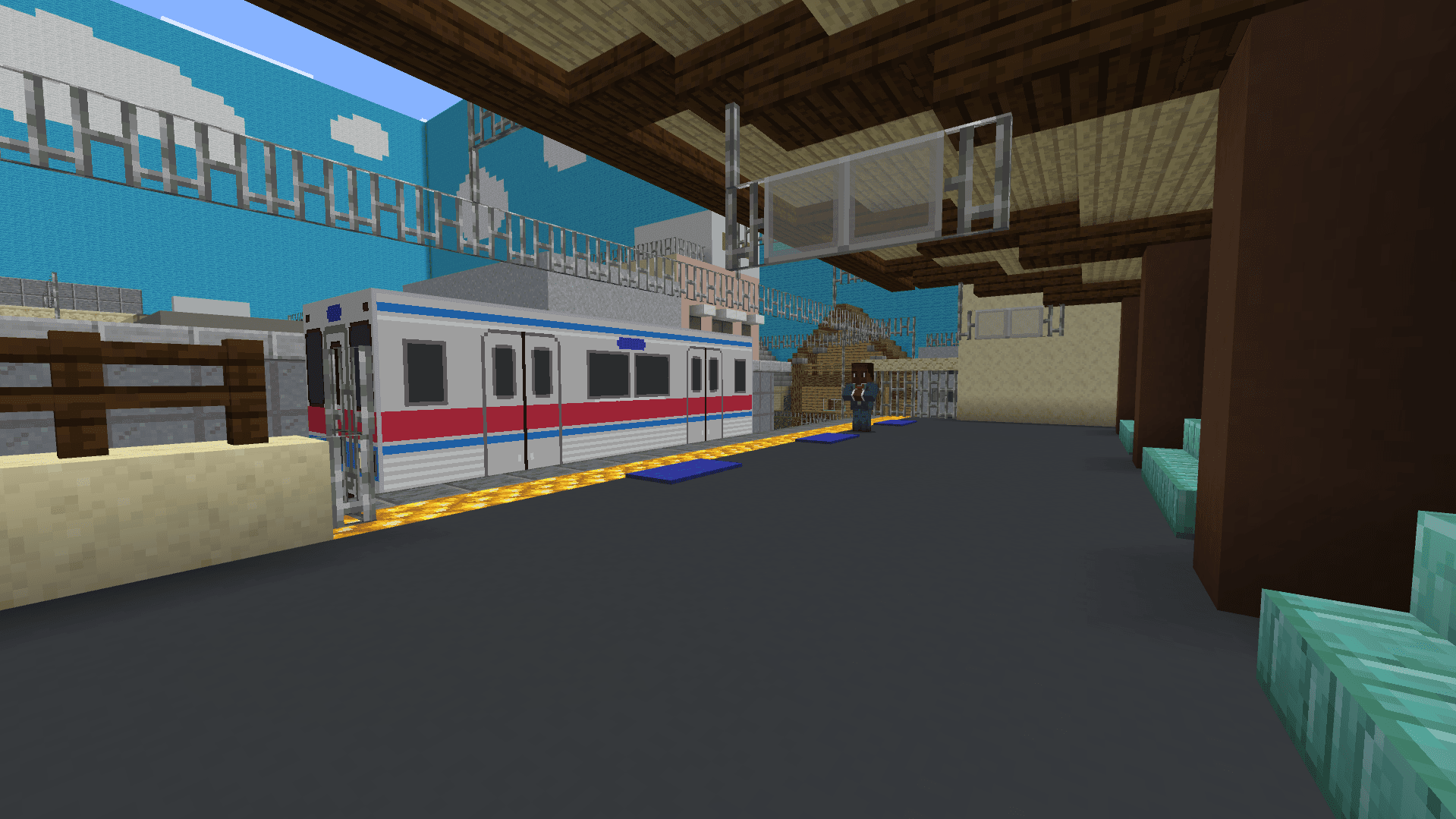 マインクラフトで再現した駅のホームと電車