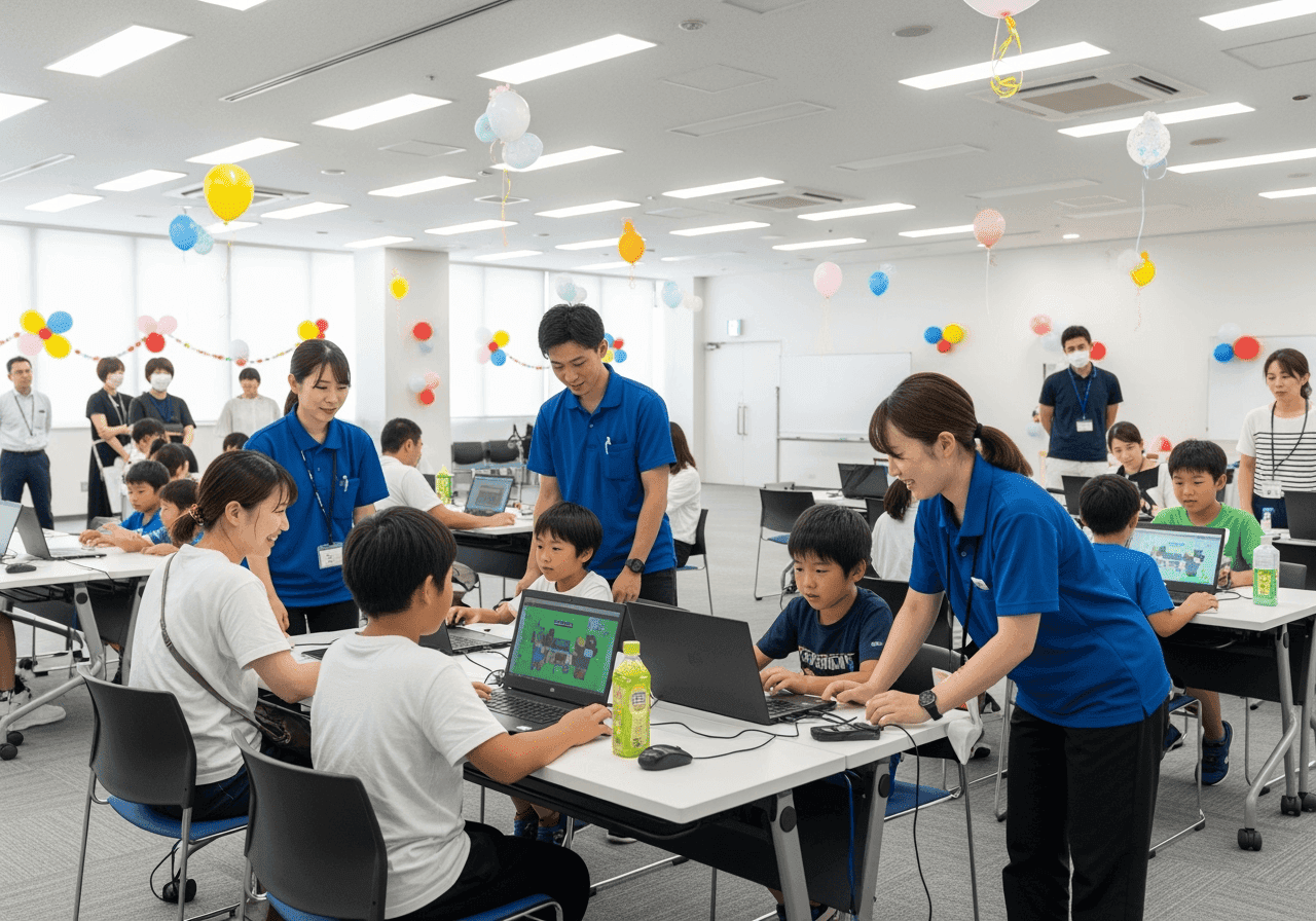 風船で飾られた屋内会場で多数のパソコンを使う子どもたち