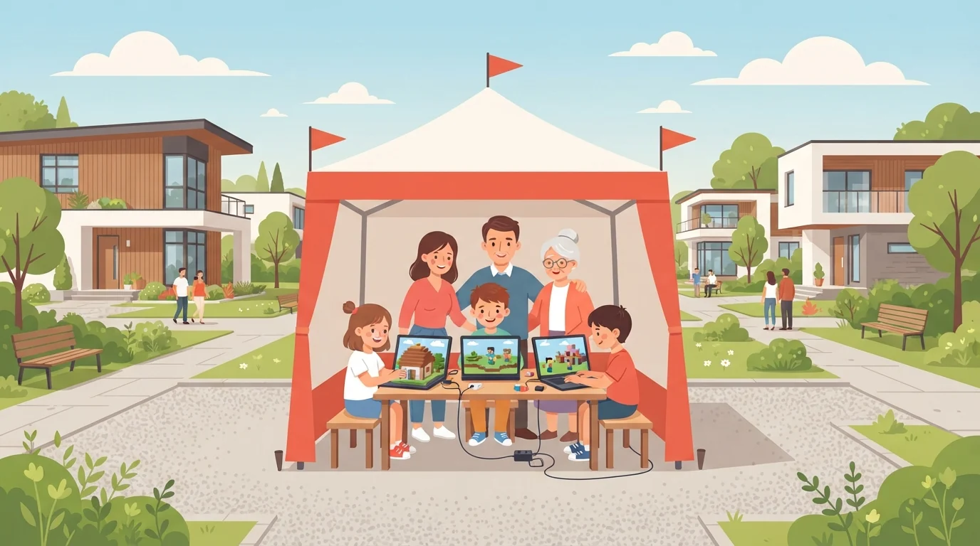 住宅展示場のテントで、子どもたちがパソコンでブロックの家づくりを遊ぶイラスト
