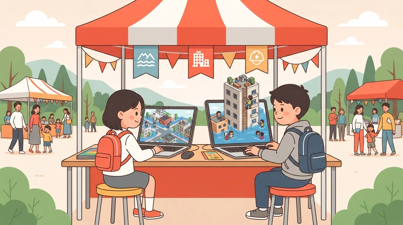 防災イベントのテントで、子どもたちがパソコンで町が浸水するゲームを遊び、高い建物の屋上へ逃げるイラスト