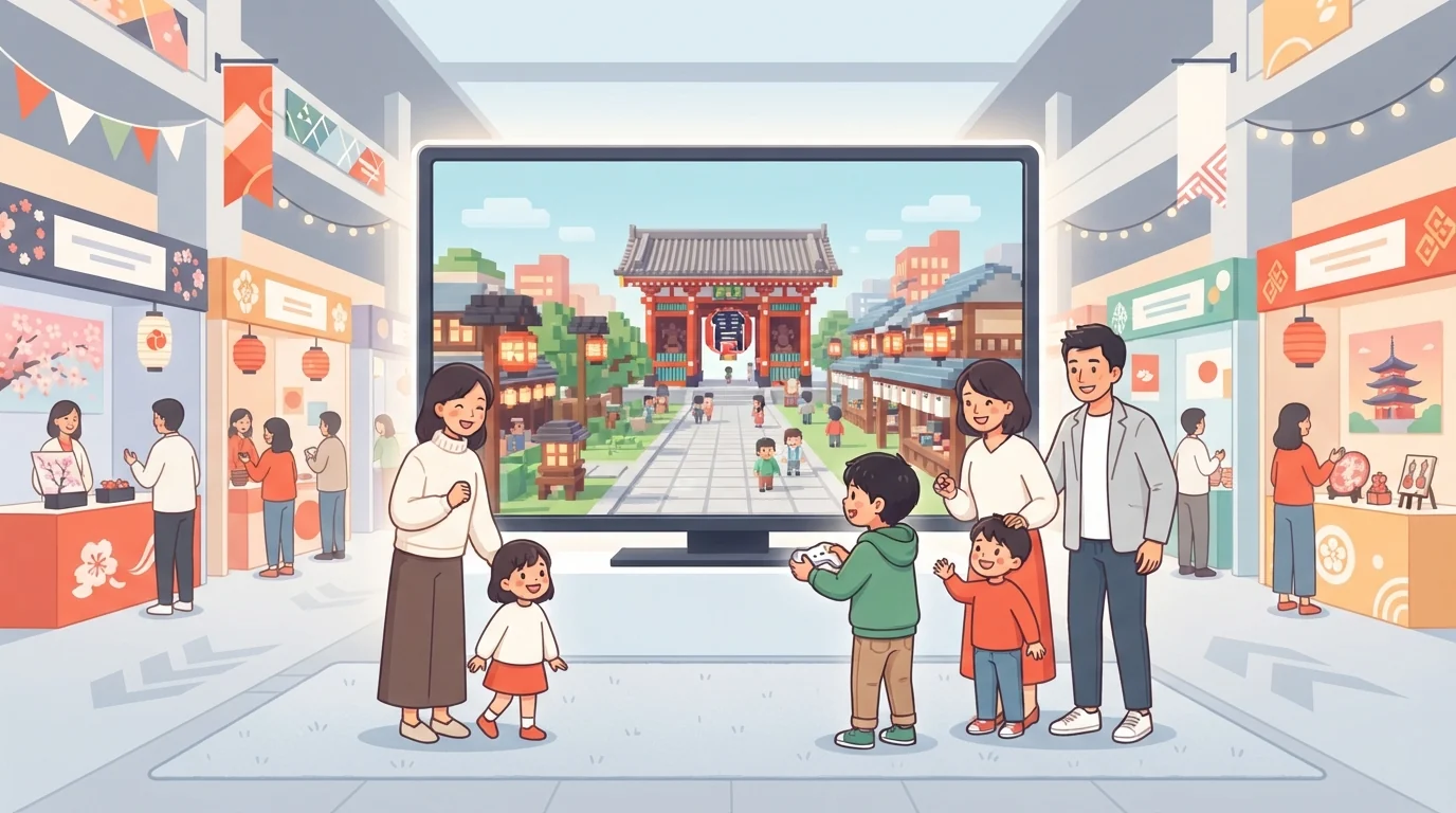 観光の催しで、ブロックで再現したお寺の門と通りを、親子が大きな画面で見るイラスト