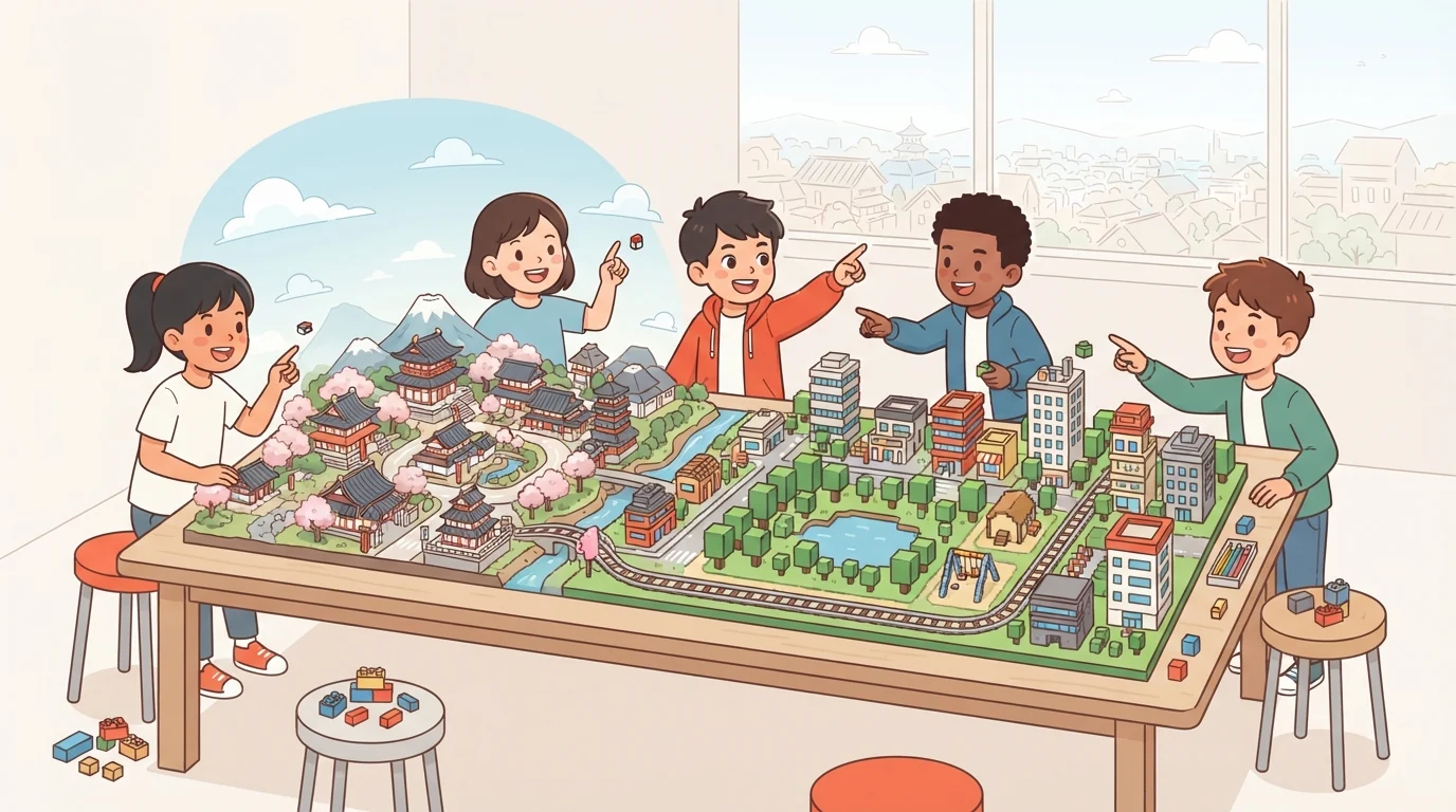 3D都市モデルの町がブロックの町に変わり、子どもたちが未来の町を考えるイラスト